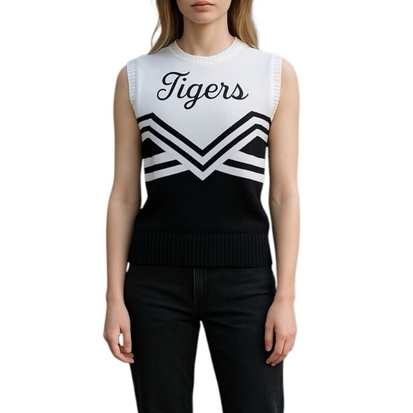 Vintage Small Tigers Cheerleading Cheer Sleeveless Sweater Vest Black & White - Picture 1 of 8